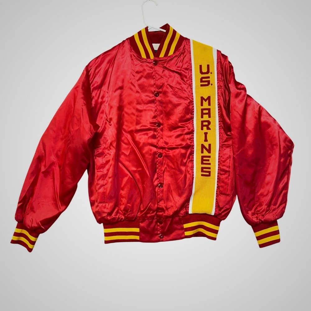 Artex US Marines Satin Bomber Jacket Mens M Red Varsity Striped Trim